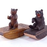 2 Black Forest wood carved bear ink blotters, largest 15cm long. Smaller blotter is in good