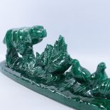 A French green glaze ceramic sculpture of a Pointer dog stalking grouse, circa 1950s, signed B