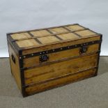 LOUIS VUITTON - Vintage wood and metal-bound travelling trunk, metal carrying handles, original