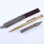 A gold plated propelling pencil, an S Mordan & Co silver fob pencil, and a tortoiseshell and
