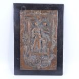 An Arts and Crafts copper relief moulded plaque, depicting a jester and a lady, unsigned, mounted on