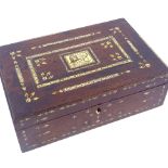 A 19th century walnut box, with inlaid engraved ivory bands and central lion design plaque, 32cm x