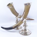 A pair of buffalo horn and electroplate ornamental vases, height 34cm, modern Very good condition,