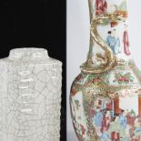 A Chinese crackle-glaze square-section porcelain vase, height 18cm, and a Canton porcelain vase with