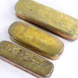 3 18th century Dutch brass tobacco boxes with engraved decoration, largest length 20cm Decoration is