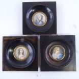 A set of 3 19th century Continental miniature watercolours on ivory, portraits of historical