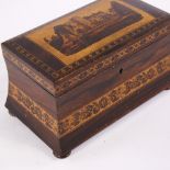 A Victorian Tunbridgeware dome top tea caddy, micro mosaic lid, length 24cm. One foot missing and