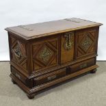 A padouk wood coffer with ornate brass mouldings and mounts, and 2 drawers below, length 102cm,