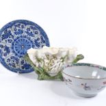 A Chinese blue and white porcelain bowl, 22cm across, a Chinese porcelain bowl with painted flowers,