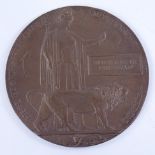 A First World War bronze death plaque awarded to William Fredrick John Barclay, killed in action