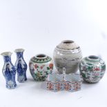 A group of Oriental porcelain items, including a double-hexagon pot with handle, length 16cm, a pair