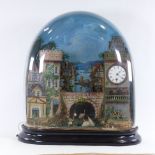 A Vintage castle and harbour design clock automaton under glass dome, late 19th/early 20th