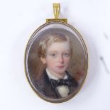 W EGLEY - miniature watercolour on ivory, head and shoulders portrait of a boy, inscribed verso "