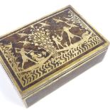 An Egyptian Revival brass inlay exotic wood box of rectangular form, early 20th century, the lid