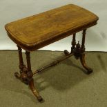 A Victorian burr-walnut centre standing stretcher table, with inlaid cross-banding and stringing,