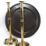 A pair of tall 18th century brass ejector candlesticks, height 44cm, and an 18th century pewter