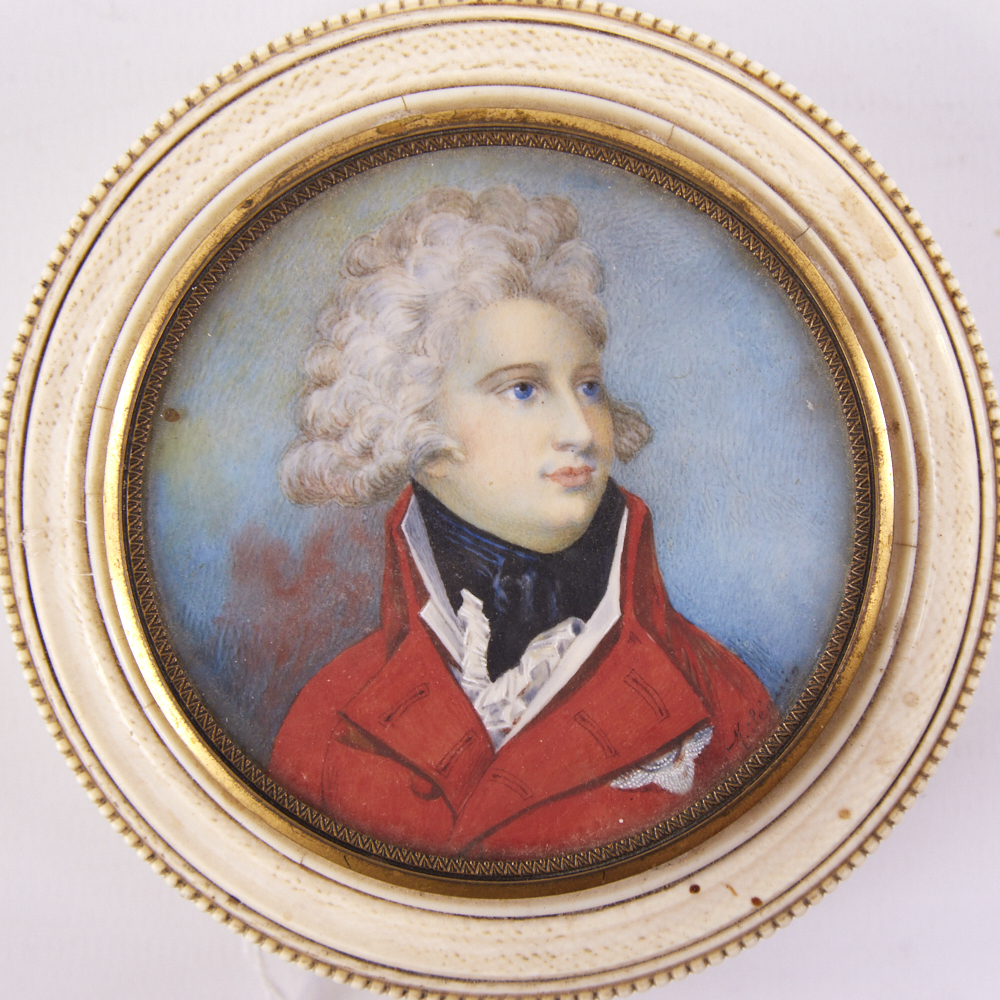 ROYAL INTEREST - an early 19th century circular ivory box, with inset painted portrait on ivory