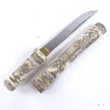 A Japanese Tanto dagger, early 20th century, with relief-carved bone handle and scabbard, overall