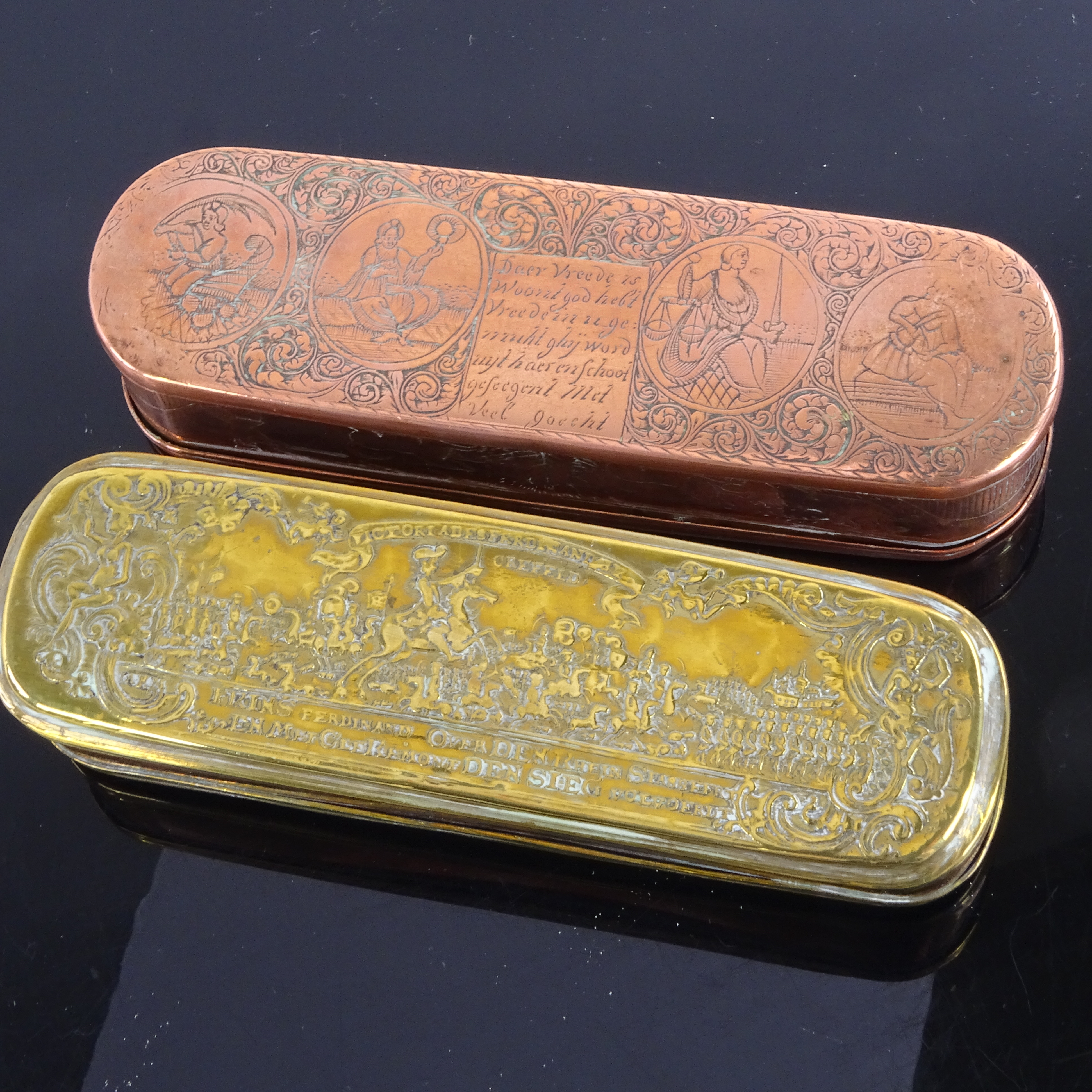 2 ornate 18th century Dutch brass and copper tobacco boxes, 1 depicting Prince Ferdinand at the - Image 2 of 3