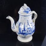 18th century English Pearl Ware coffee pot, with ribbon crossover handles and hand painted