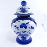 A Chinese blue and white porcelain jar and cover, hand painted bird and prunus decoration, height