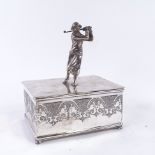 GOLFING INTEREST - early 20th century silver plated cigarette box, woman golfer on lid, makers stamp