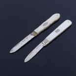 2 silver and mother-of-pearl mounted pocket fruit knives, length 7.5cm