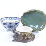 A group of Oriental items, including a porcelain lotus leaf dish with frog mount, length 19cm, a