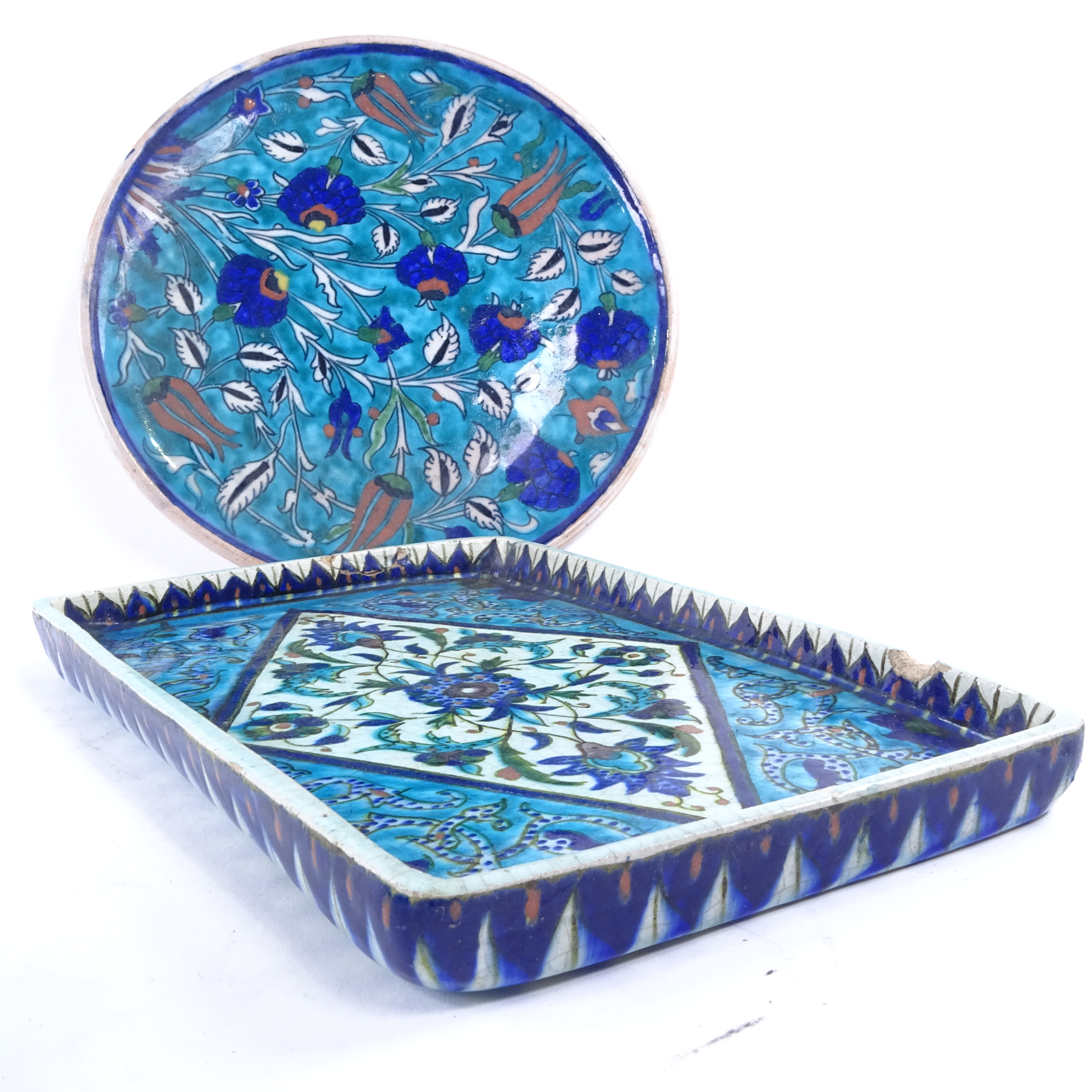 3 pieces of Iznik / Multan style earthenware, tray 29cm long. Plate - good condition Tray - 2 - Image 2 of 3