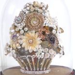A 19th century floral shell display under glass dome, overall height 42cm