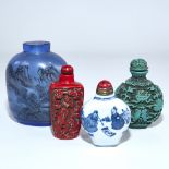 A Peking blue glass snuff bottle, internally painted decoration, height 8.5cm, and 3 other Chinese