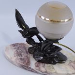 Art Deco bronze patinated spelter bird design lamp, circa 1930, signed Limousin, with gilded