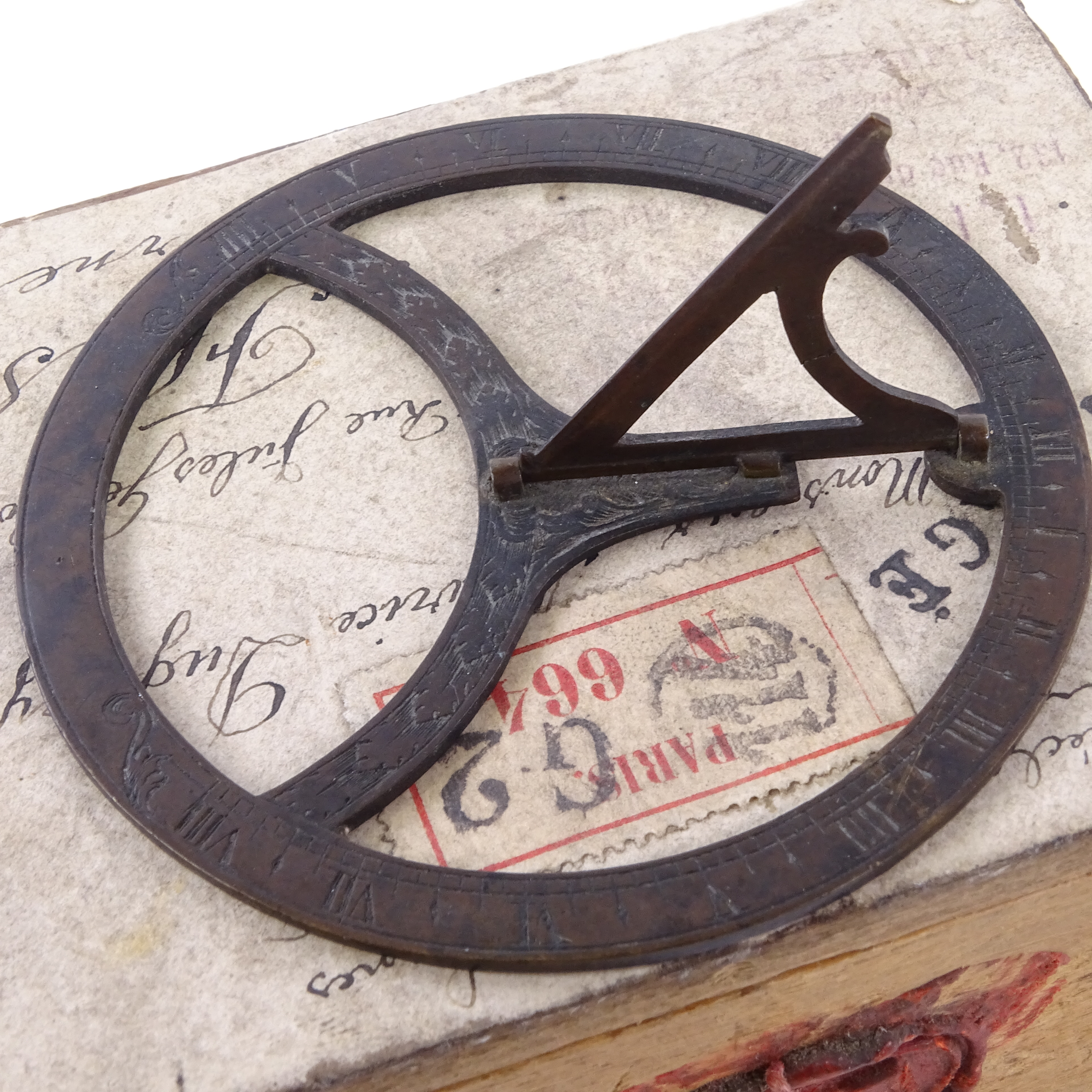 A 19th century patinated bronze pocket sundial, with engraved numerals and hinged gnomon, diameter - Image 2 of 3