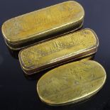 3 18th century Dutch brass tobacco boxes with engraved decoration, largest length 17cm Decoration is