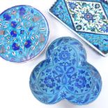 3 pieces of Iznik / Multan style earthenware, tray 29cm long. Plate - good condition Tray - 2