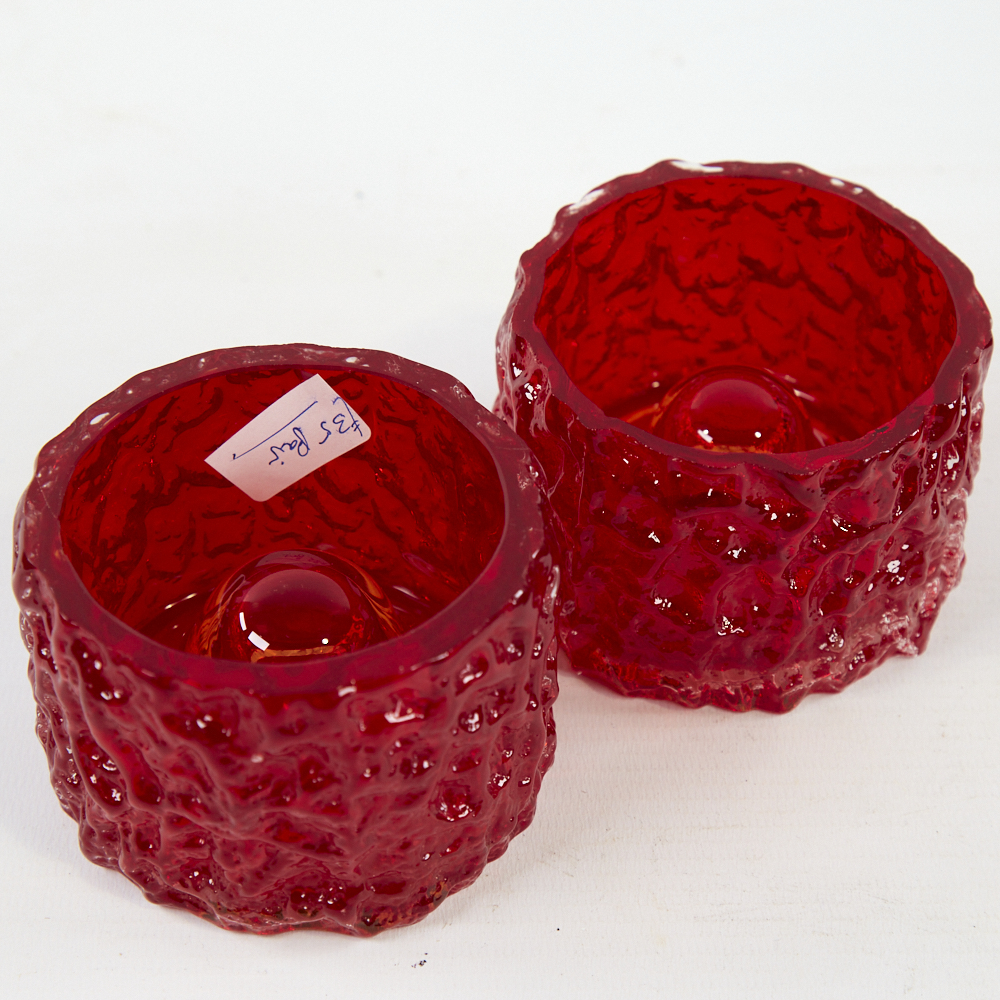 GEOFFREY BAXTER FOR WHITEFRIARS, a pair of mid century ruby glass candle holders, diameter 8cm. Good - Image 3 of 4