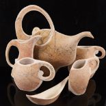 GORDON COOKE (b 1949) studio pottery porcelain tea set, hand built altered forms, impressed makers