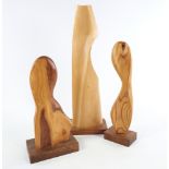 3 mid-century abstract wood carvings, tallest 38cm. Some surface marks and scratches.