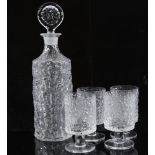 WHITEFRIARS, glacier glass cylinder decanter and 4 glasses ,decanter height 34cm. All in good