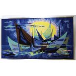 A 1960s' woolwork picture, of moored boats in original aluminium frame, 64cm 114cm. Good condition.