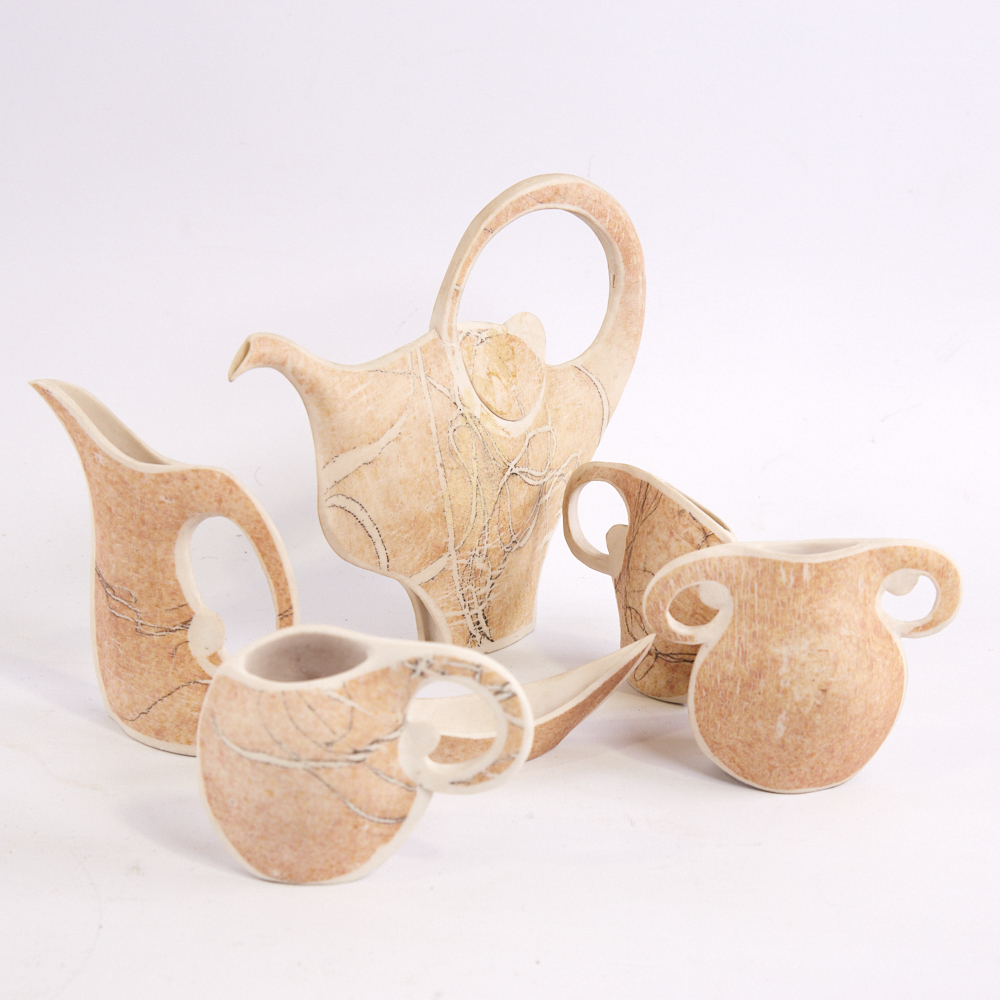 GORDON COOKE (b 1949) studio pottery porcelain tea set, hand built altered forms, impressed makers - Image 3 of 4