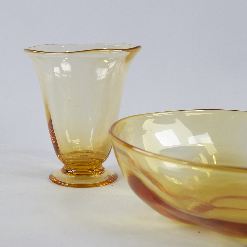 BARNABY POWELL FOR WHITEFRIARS, BRITISH, golden amber bowl and vase from the "Wealdstone Range"