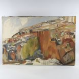 DOUGLAS EARLE, BRITISH, unfinished oil on canvas, coastal scene, label verso for London County