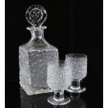 WHITEFRIARS, glacier glass, square section whisky decanter and 2 glasses, decanter height 27cm. Good