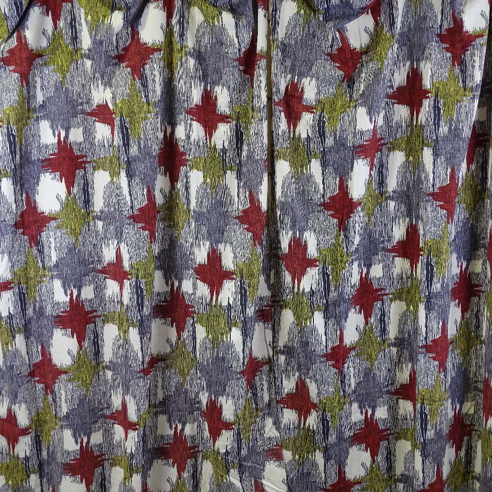 A pair of mid-century barkcloth curtains, with abstract design, 161cm x 110cm. Webbing for curtain