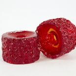 GEOFFREY BAXTER FOR WHITEFRIARS, a pair of mid century ruby glass candle holders, diameter 8cm. Good