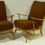 ERCOL, a pair of mid-century Windsor armchairs, web seat and back, with original fabric, H 92cm x