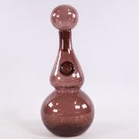 Mid-Century Amythyst glass decanter, hand blown studio glass with applied plaque, height 35cm.