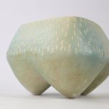 DEANA MOORE, BRITISH, studio pottery stoneware vessel of tripod form turquoise glaze, incised