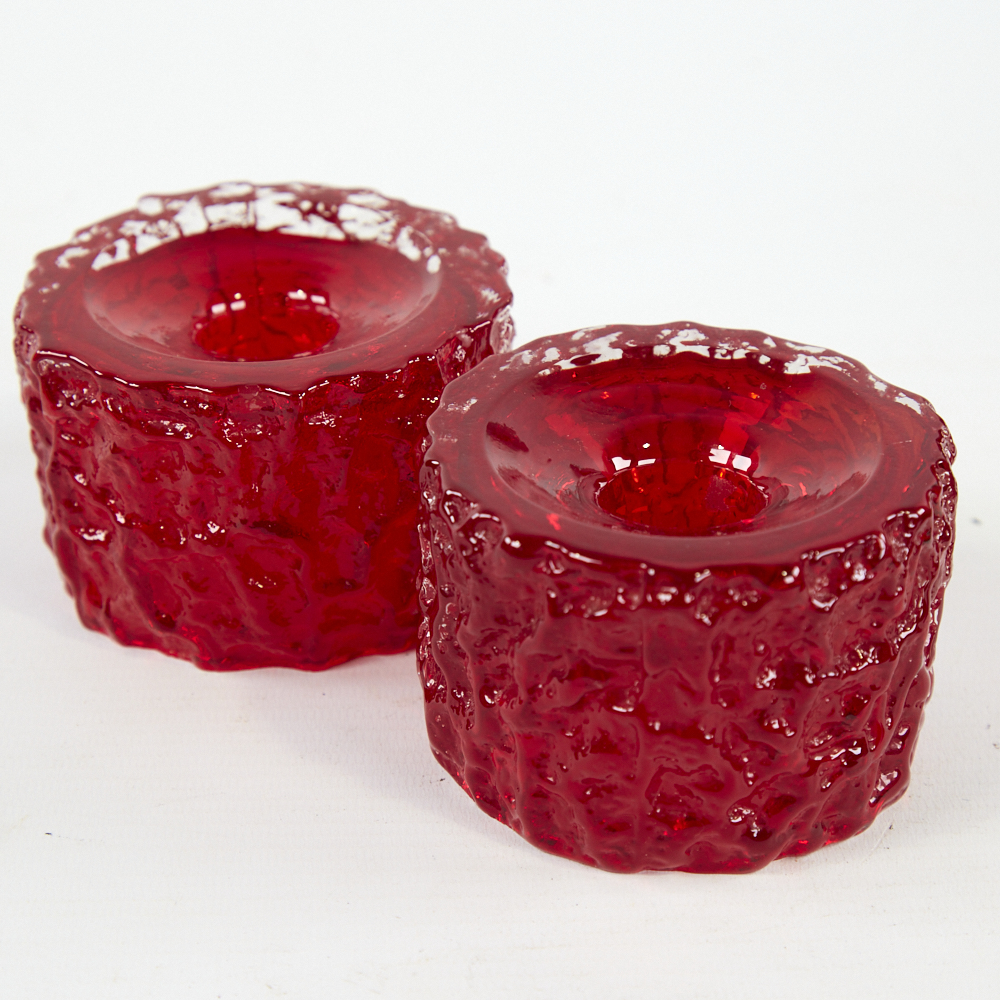 GEOFFREY BAXTER FOR WHITEFRIARS, a pair of mid century ruby glass candle holders, diameter 8cm. Good - Image 4 of 4